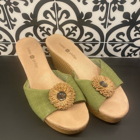 Lindsay Phillips Green Devon Wedge Sandal Size 10 - Picture 2 of 8